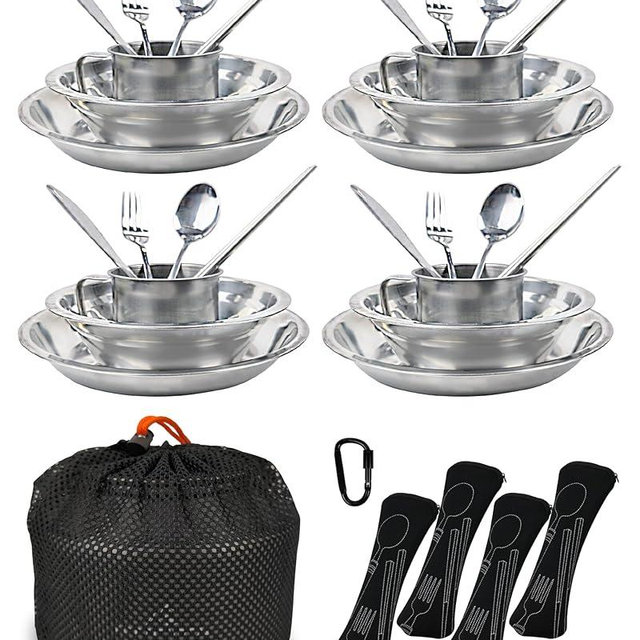 Stainless Steel Camping Mess Kit - Person's Complete Picnic & Camp Dish Set, Includes Plate, Bowl, Cup & Utensils