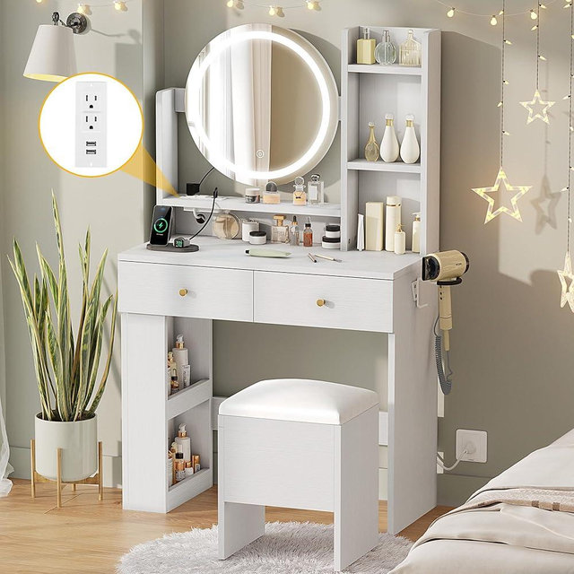 DWVO Vanity Desk with Mirror and Lights, Makeup Vanity Table Set with Power Outlets and Chair, Makeup Desk with 3 Drawers and Open Shelves, Dressing Table for Bedroom, 3 Color Light Modes, White