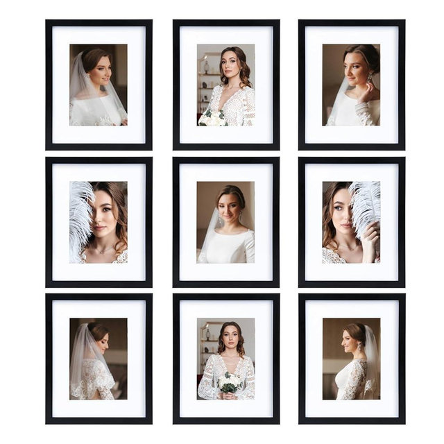 BSRHOME 8x10 Picture Frame Set of 9, Display Pictures 5x7 with Mat or 8x10 without Mat, Multi Collage Gallery Square Photo Frames for Wall or Tabletop, Black