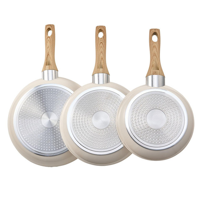 VEVOR Frying Pan Skillet, Aluminum Egg Fry Pans, 3 Piece , Nonsitck Ceramic Heavy-Duty Skillets with Heat-Resistant Handle, Beige