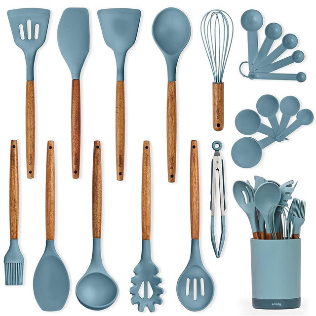 Silicone Kitchen Utensils Set & Holder: Cooking Utensils Set - Kitchen Essentials for New Home & 1st Apartment- Silicone Spatula Set, Cooking Spoons for Nonstick Cookware (Acacia Wood, Blue)