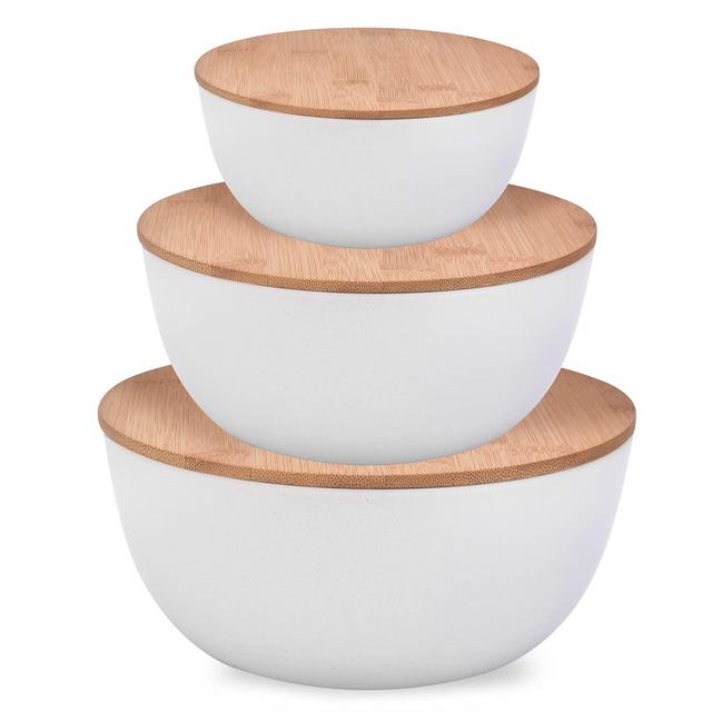 Panghuhu88 Salad Bowl with Lid, Set of 3 (7" + 8.8" + 11") Serving Bowl with Bamboo Cover, Bamboo Fiber Mixing Bowl for Salad Cereal Pasta Soup Fruit Popcorn Chips, White