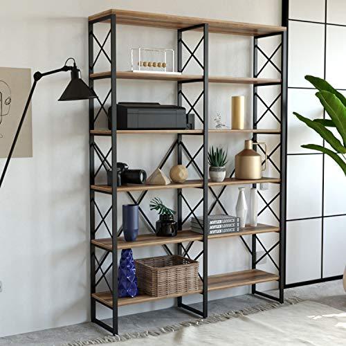 IRONCK Bookshelf Double Wide 6-Tier 76" H, Open Large Bookcase, Industrial Style Shelves, Wood and Metal Bookshelves for Home Office, Easy Assembly, Vintage Brown