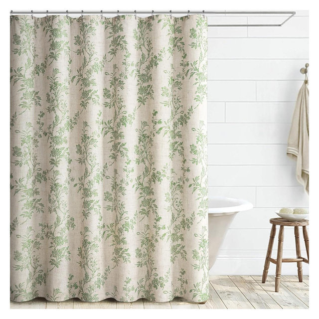 Beige Linen Shower Curtain,Sage Green Cotton Floral Cottagecore Spring Shower Curtain for Bathroom 70.8x70.8 Inch