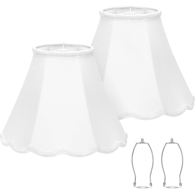 Scalloped Lamp Shades Set of 2, White Lamp Shade with Petal Edge Braid, 6.1"Top x 13"Bottom x 9.6"High, Bell Lamp Shades for Table Lamps Floor Lamps, Spider, Harp Holders Included, Easy Assembly