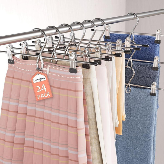 Pants Hangers Space Saving,Stackable Skirt Hangers with Clips, Hanging Closet Organizer and Storage,Clothes Hangers, College Dorm Essentials Apartment Essentials- 24 Pack