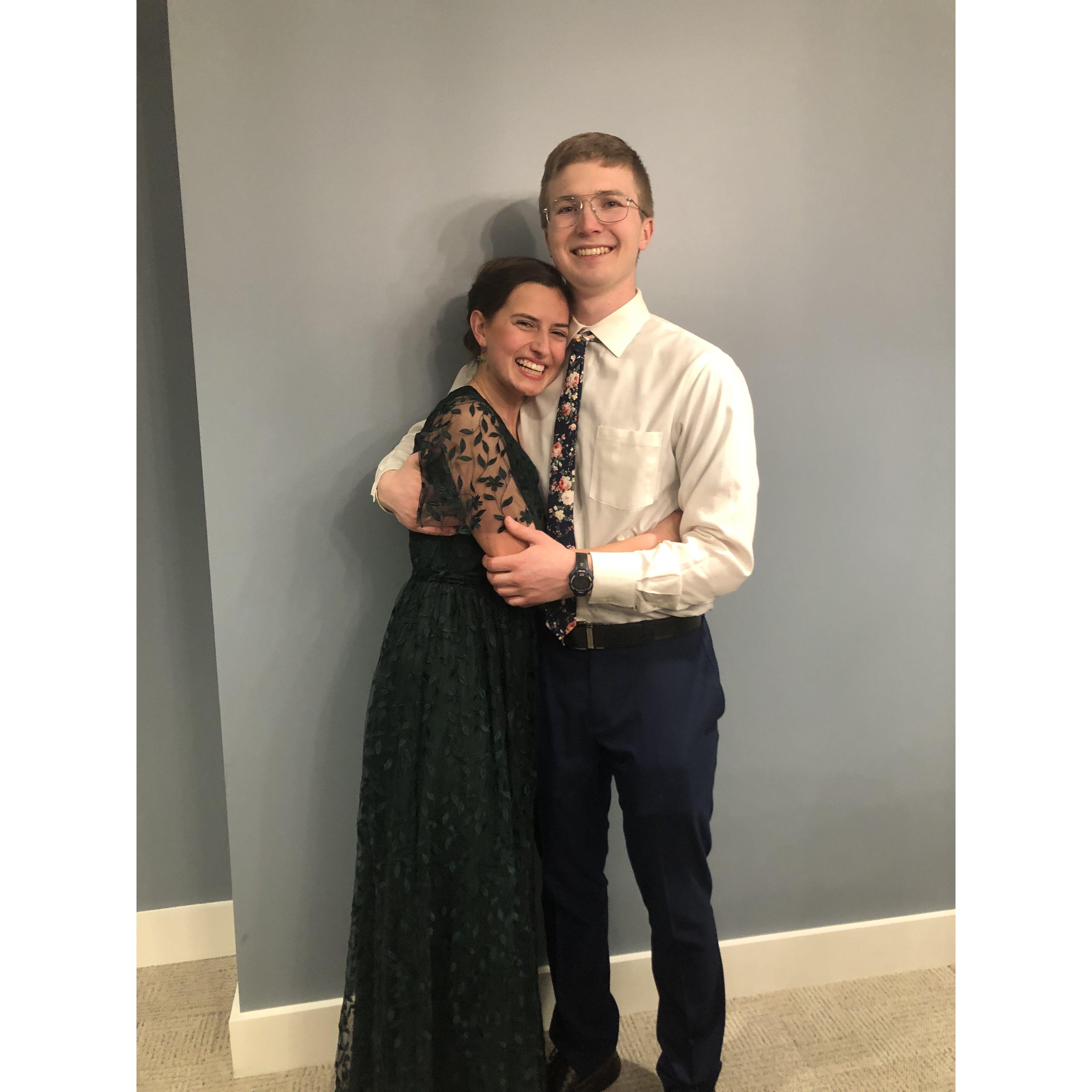 This photo was taken at Pres Ball in Hillsdale on February 17th, 2024. To both Lizzy and Peter's surprise, they were engaged less than 24 hours later