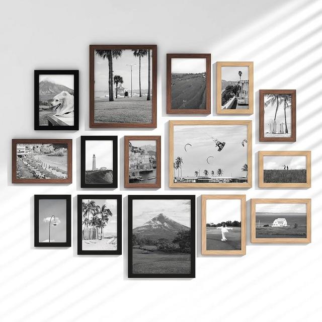 Venusmiles 15 Pack Picture Frames Collage Wall Decor, Gallery Frame Set for Wall Mounting or Tabletop Display, Multi Sizes Including 3pcs 8x10, 6pcs 5x7, 6pcs 4x6, Black+Oak+Walnut
