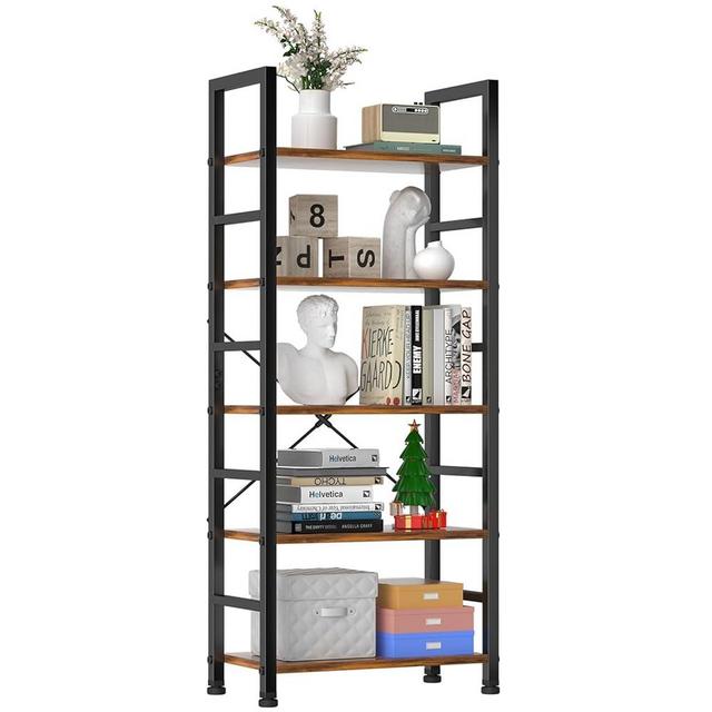 Sweetcrispy Book Shelf, 5 Tier Bookcase, Tall Bookshelf Modern Book Case for Books, Garage Kit, CDs, Movies, Industrial Corner Storage Organizer for Bedroom Home Office Kitchen Living Room Rust Brown