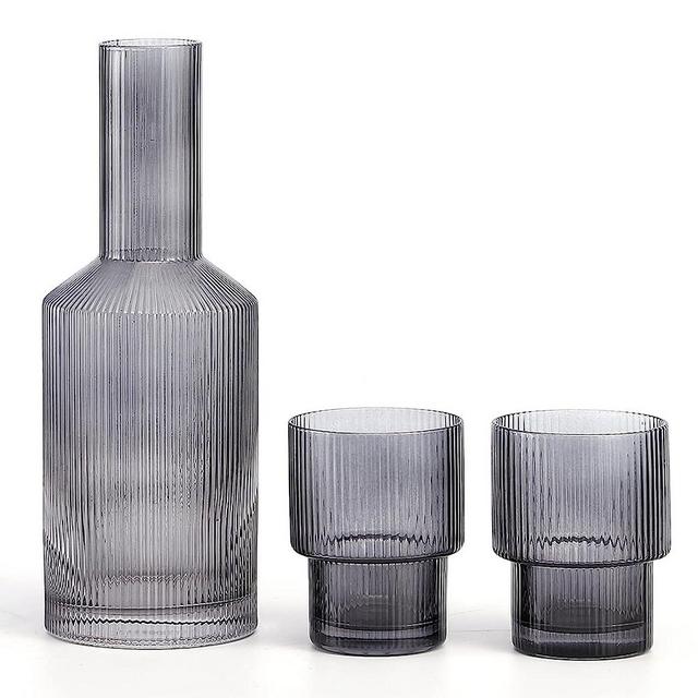 Glass Bedside Water Carafe with Lid and Glass Cups Set, Ribbed Carafe  Glassware Drinking Glasses for Nightstand, 27oz Vintage Fluted Glassware  Water Pitcher - Clear 