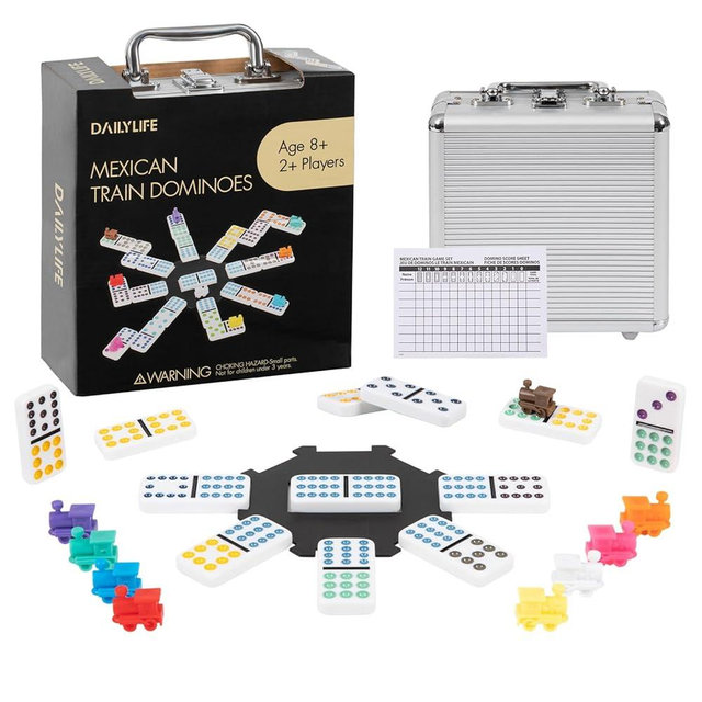 DAILYLIFE Mexican Train Dominoes Set, Double 12 Dominoes Set with Portable Case, 91 Tiles Colored Dominos Set for Adults, Mexican Train Games for Family Night, Travel, Party
