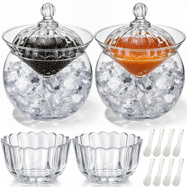 Hushee 2 Set Caviar Serving Set Glass Chiller Server Dish with 8 Mother of Pearl Spoons Caviar Serving Dish with Cover Ice Holder Snack Bowl for Shrimp Ice Cream Martinis and Cocktails Dishwasher Safe