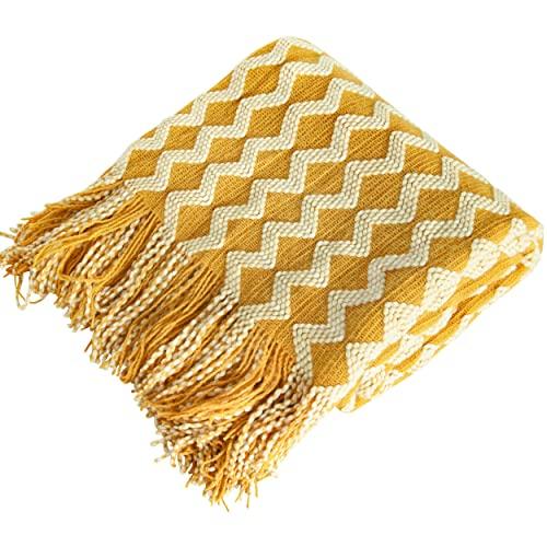 NTBAY Acrylic Knitted Throw Blanket, Lightweight and Soft Cozy Decorative Woven Blanket with Tassels for Travel, Couch, Bed, Sofa, 51 x 67 Inches, Yellow Wave
