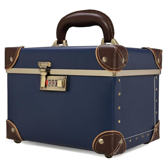 urecity Portable Retro Leather Makeup Train Case Cosmetic Organizer Case Leather Storage Box with Combination Lock (12.5", Retro Blue)