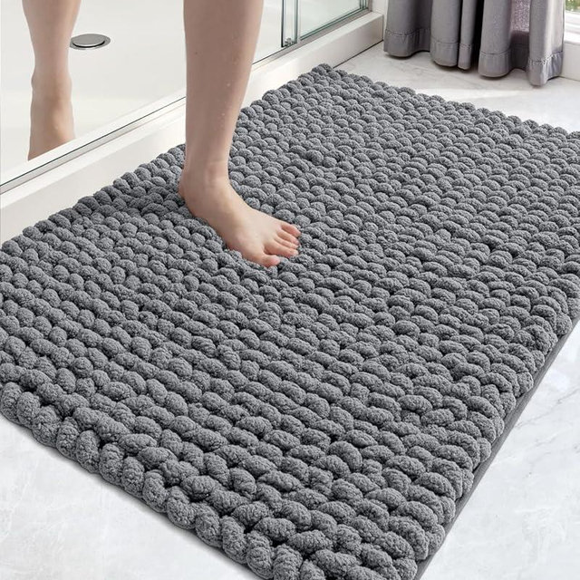 DEXI Bathroom Rugs 17x30, Non Slip Washable Bath Mat, Luxury Chenille Super Absorbent Ultra Thick Bathmats for Shower Floor, Plush Fluffy Shaggy Carpet for Tub, Dark Grey