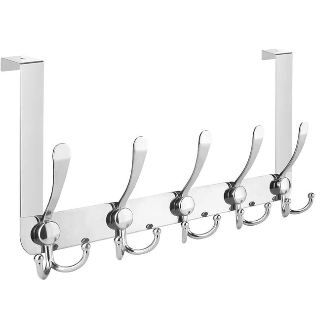 TICONN Over The Door Hooks, 5 Heavy Duty Tri Coat Rack All Metal Coat Hanger for Jacket Hat Towel bags in Bathroom Bedroom Dorm (Chrome, 1PK)