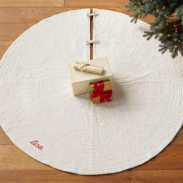 Channel Quilted Velvet Personalized Tree Skirt, Ivory - 60"D