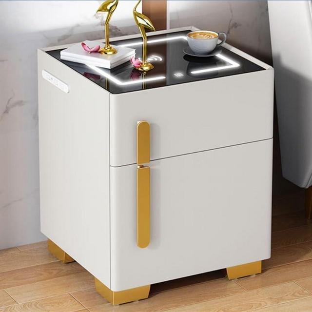 YUAFVSI Smart Bedside Table with Invisible Safe, Modern Bedside Storage with Charging Port, Tempered Glass Top Nightstand, Small Safe with Charging Port (Off-White)