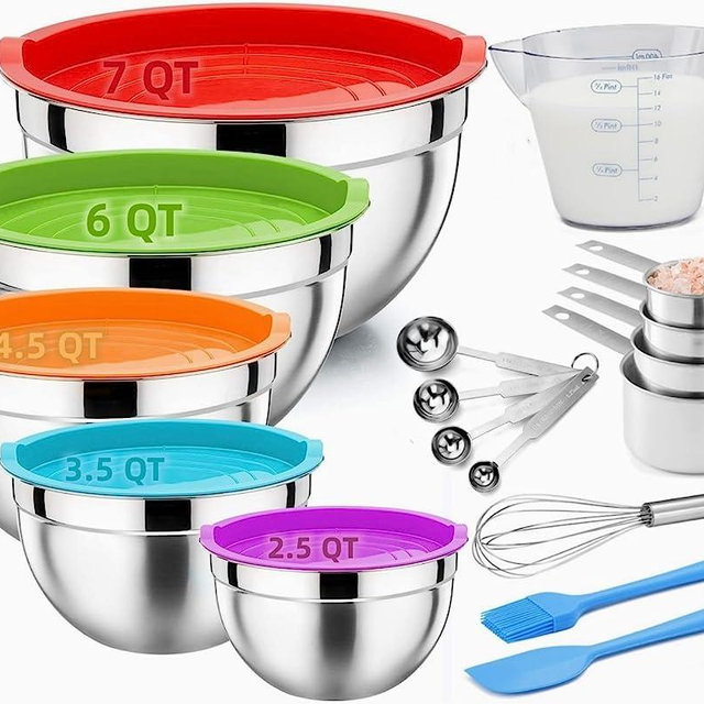 Mixing Bowls with Airtight Lids, 23PCS Stainless Steel Mixing Bowls Set, 400ML Clear Measuring Cups, Large Metal Nesting Bowl 7/6/4.5/3.5/2.5QT Kitchen Utensils for Baking Prepping Cooking Serving