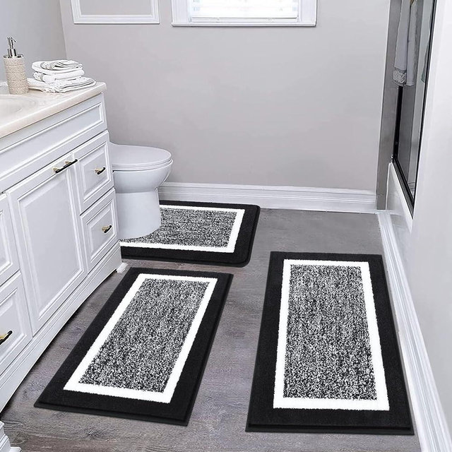 Pauwer Bathroom Rugs Sets 3 Piece Bathroom Shower Rugs with U-Shaped Contour Toilet Mat Absorbent Microfiber Plush Bath Mats Non Slip Bath Rugs Machine Washable Shaggy Bathroom Floor Mats, Black