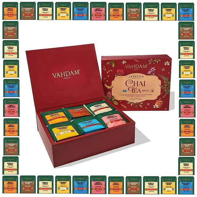 VAHDAM, Chai Tea Variety Sampler Pack - 60 Count | Fathers Day Gift from Daughter & Son - 6 Flavors, 10 Chai Tea Bags Each | Premium Assorted Chai Tea Gift Set | Tea Variety Sampler | Dad Gifts