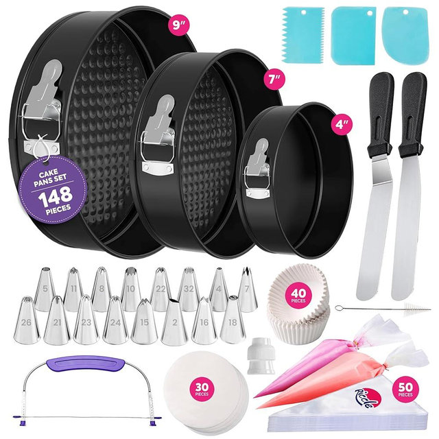 Riccle 148PCs Cake Pan Set for Baking, 3 Non-Stick Springform Pan Set (4, 7, 9 Inches), Cake Decorating Kit, Piping Bags and Tips Set, Cake Leveler, Multi-functional Leak-Proof CheeseCake Pan