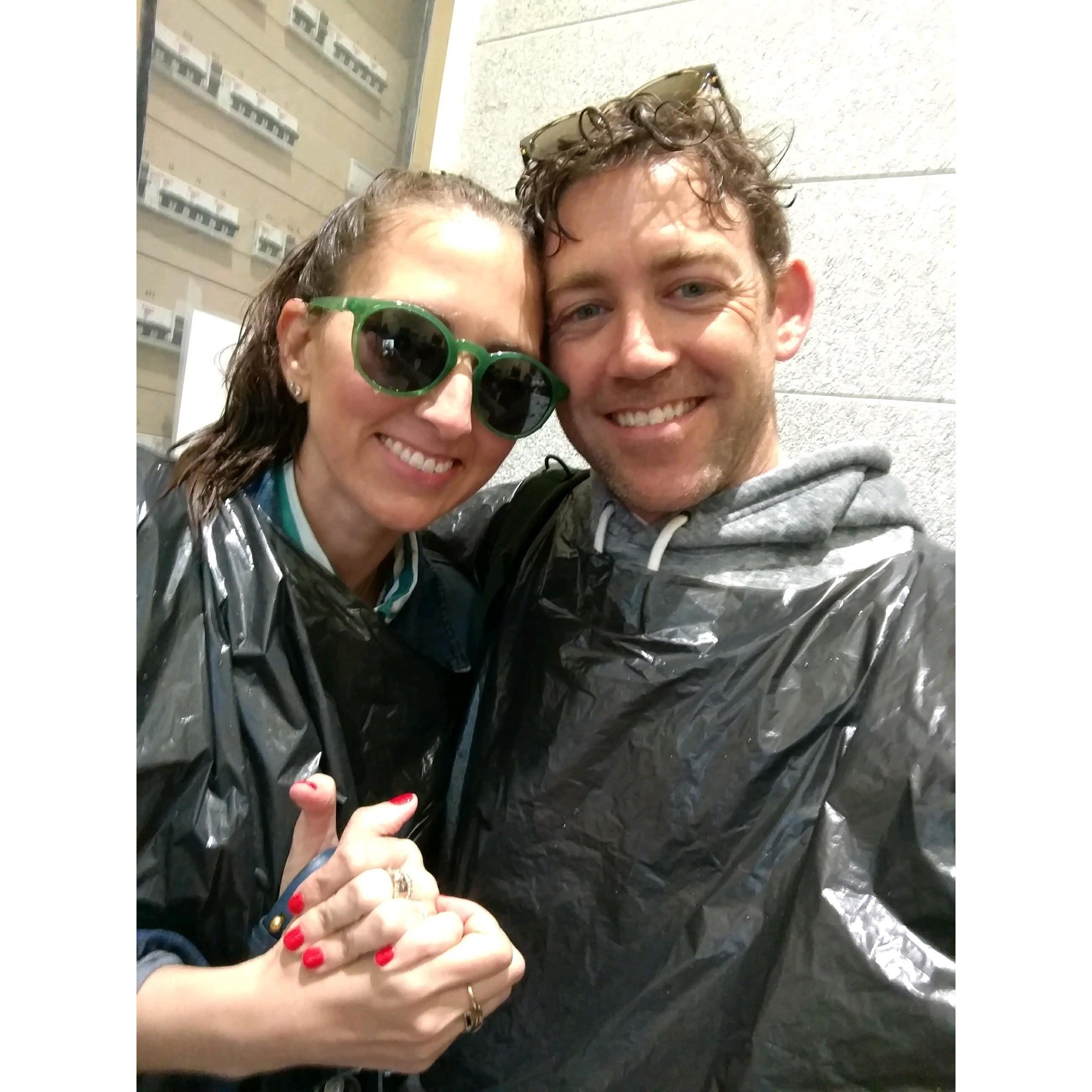 During our first (& only) bull fight in Madrid, Spain, the clouds opened up and there was a torrential downpour. We were prepared with trash bags from our hotel room. May, 2018