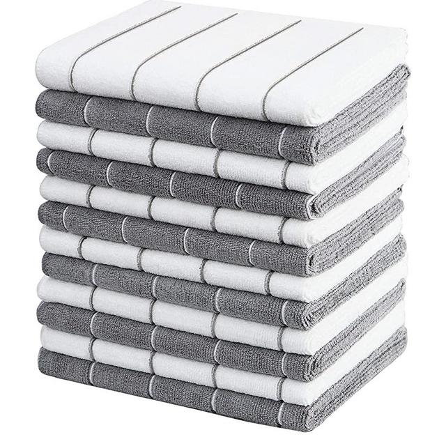 Gryeer 12 Pack Microfiber Kitchen Towels, Super Absorbent, Soft, and Lint Free Dish Towels, 26 x 18 Inch, Gray and White