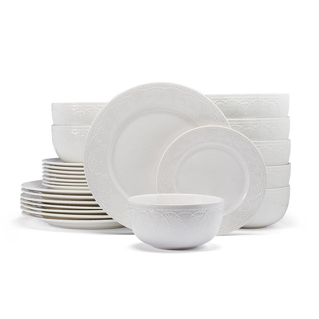 Pfaltzgraff Esmerlda White 24 Piece Plate Bowl Dinnerware Set, Service for 8