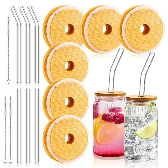 16oz Beer Can Glasses Lids with Straw Hole Drinking Glass Cups Anticorrosion Beer Can Cups Lids Bamboo Lids Include Reusable Glass Straight Curved Straw and Brush for Drinking Glasses (15 Pieces)