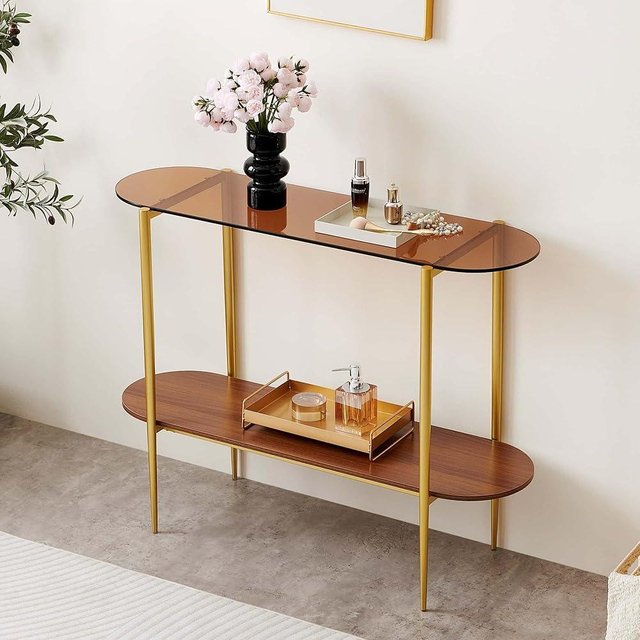 LumFurn Oval Glass Console Table for Living Room, Foyer & Entrance, 2-Tiers Mid-Century Modern Sofa Table with Amber Glass Top, Walnut Finish Wood Top and Gold Finish Metal Frame