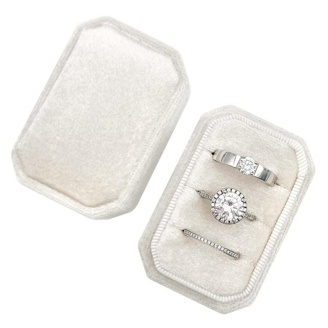 Beatilog Octagonal Rectangle Velvet Ring Box 3 Slots - Premium Handmade Wedding Three Rings Bearer Holder Vintage Orthogon Jewelry Storage for Ceremony Proposal Engagement