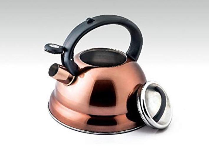 3 Quart Whistling Tea Kettle Premium Stainless Steel w/Copper Finish - Whistling Tea and Coffee Pot for any Stovetop type.