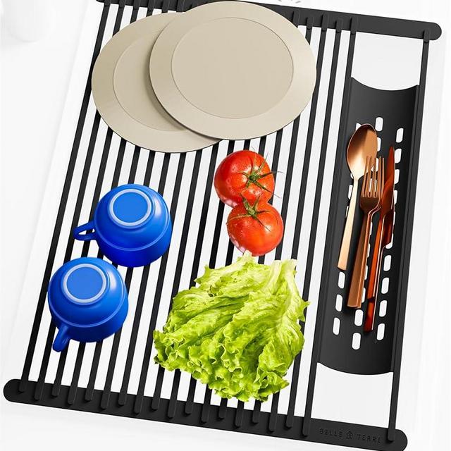 Large Dish Drying Rack for Kitchen Sink - Over Sink Dish Drying Rack to Dry Dishes & Drain Items - Modern & Stylish Dish Rack Set with Extra Side Tray - Space-Saving Roll-Up Counter Drainboard - Black