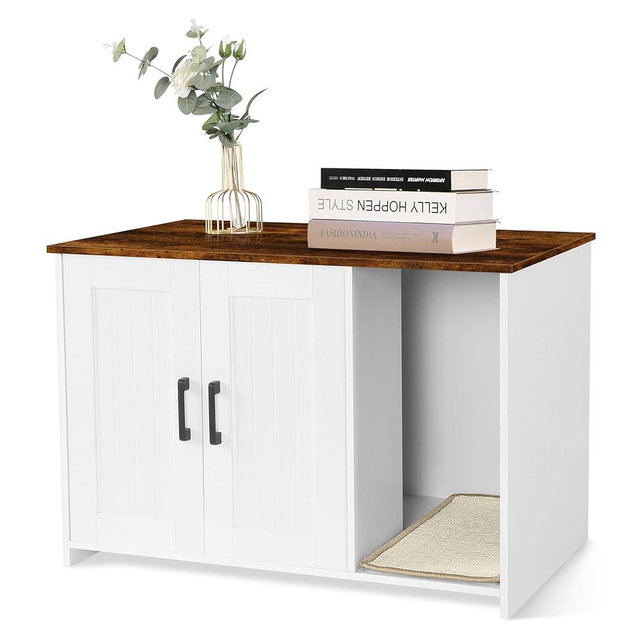 Dwanton Litter Box Enclosure, Cat Litter Box Furniture Hidden, with Scratching Mat, Wooden Cat Washroom Indoor, Fit Most of Litter Box, 31.5" L x 19.7" W x 21.7" H, White+Rustic Brown