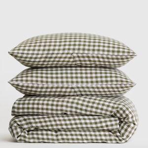 Classic Organic Percale Gingham Duvet Cover Set in Olive, King