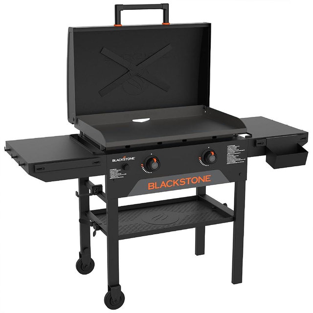 Blackstone Original 28" Griddle, Outdoor Cooking Station with Built-In Hood, Black - Includes Extendable Side Shelves and Caster Wheels