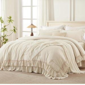 Andency Beige Comforter Set King Size, 3 Pieces Lightweight Fluffy Solid Ruffle Comforter Set, All Season Soft Microfiber Farmhouse Shabby Chic Bed Set(Beige, 104x90Inch)