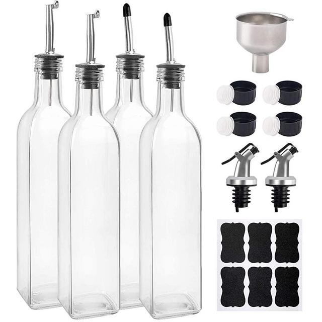BAKHUK 4 pack 17oz Glass Olive Oil Dispenser Bottles 500ml Clear Vinegar Cruet with Pourers and Funnel for Kitchen