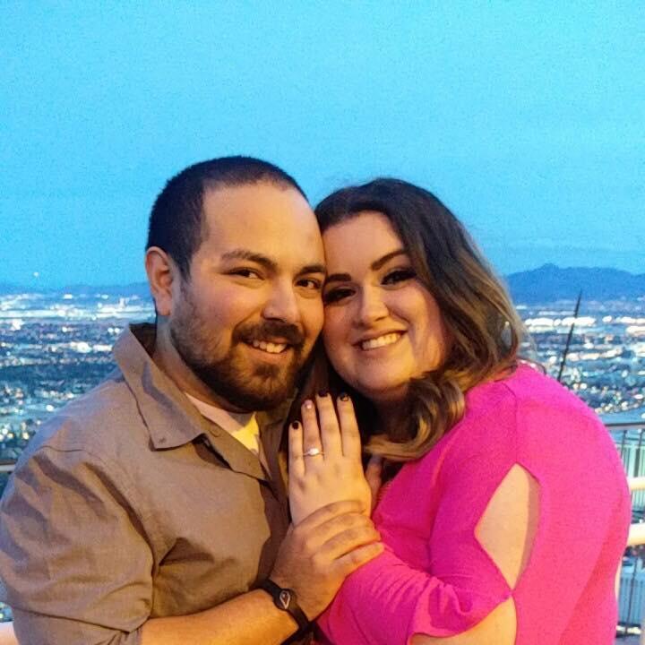 When we got engaged in Las Vegas at the top of the Stratosphere.