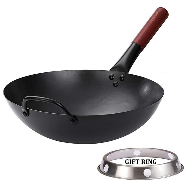 Carbon Steel Wok Pan with Ring, Chinese Woks and Stir Fry Pans, 14" Large Hand Hammered Traditional Round Bottom Wok by Xeeyaya