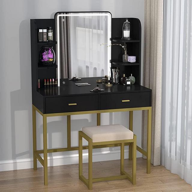 CABINAHOME Vanity Set with Lighted Mirror, Makeup Vanity Dressing Table with LED Lights, Storage Shelves, Cushioned Stool & 2 Drawers, Dresser Desk for Bedroom, Black