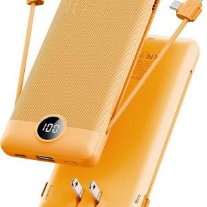 VRURC Portable Charger Built-in Cables and AC Wall Plug, USB C Power Bank 10000mAh, Travel Battery Phone Charger Compact Lightweight External Battery Pack for Smart Phones, Tablets etc-Orange