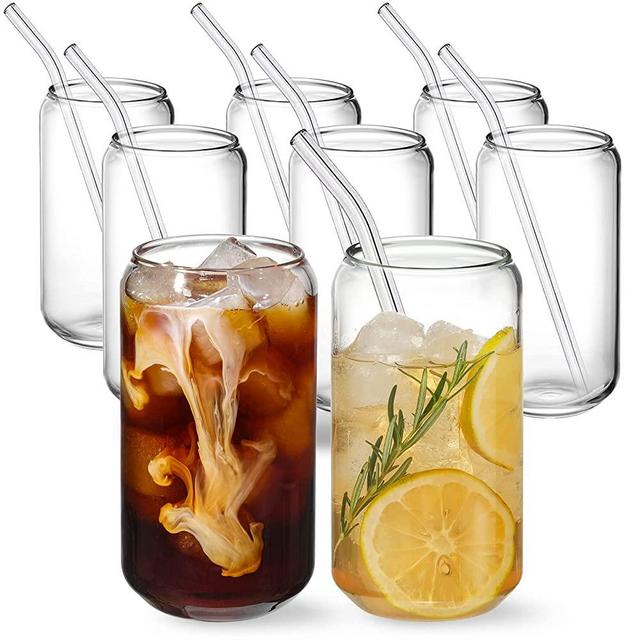 8pcs Set Drinking Glasses with Glass Straw - 16oz Can Shaped Glass Cups, Beer Glasses, Iced Coffee Glasses, Cute Tumbler Cup, Ideal for Whiskey, Soda, Tea, Water, Gift - 2 Cleaning Brushes