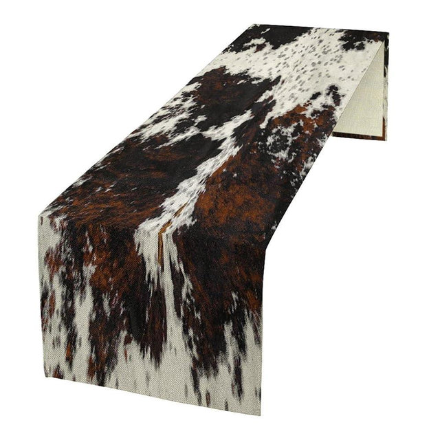 Cow Skin Print Table Runner, Rustic Cottage Country Farm Animal Fur Skin Western Style Black Brown Cowhide Print Dinner Runner for Home Kitchen Dining Table Decoration 13"x36"