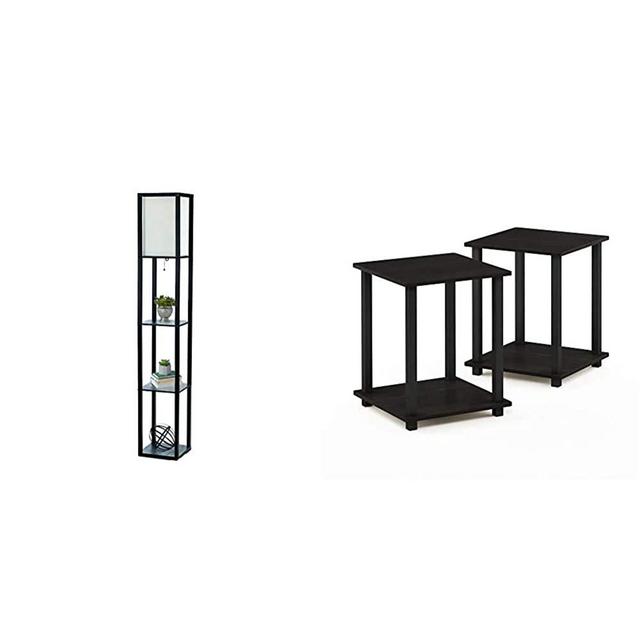 Simple Designs Home LF1014-BLK Etagere Organizer Storage Shelf Linen Shade Floor Lamp, Black & Furinno Simplistic End Table, Espresso/Black