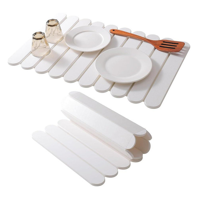 Large White Stone Dish Drying Mats for Kitchen Counter, Quick Dry Collapsible Eco-Friendly Super Absorbent Diatomaceous Earth Heat-resistant Mat for Dishes Bottles Cups, Match Any Countertop 24"×16"