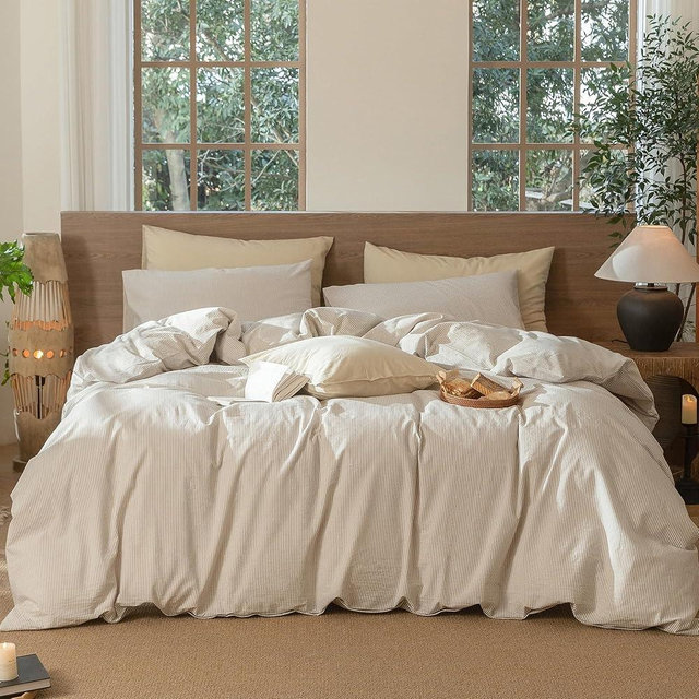 MooMee Striped Duvet Cover Set 100% Washed Cotton Linen Like Textured Breathable Durable Soft Comfy (Tannish Linen Grey White Pinstripes, Super Queen 90"x98")
