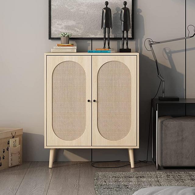 Rattan Sideboard Buffet Cabinet, Accent Kitchen Storage Cabinet Console Table with Adjustable Shelves for Living Room, Dining Room, Bedroom (Natural)