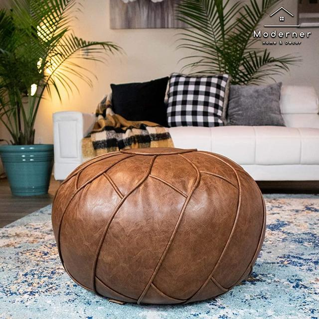 Moderner Faux Leather Pouf Unstuffed Ottoman Moroccan Footstool, Floor Footrest Cushion, Storage Solution - Natural Brown Color (Mocha, 23x11)